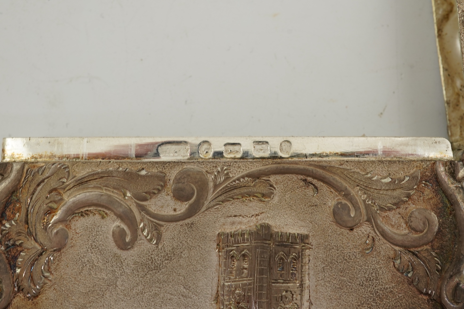 A Victorian silver 'castle top' card case by Hilliard & Thomason?